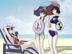  3girls ball beach black_hair blue_eyes book braid brown_eyes brown_hair eleanor elenore_baker hat innertube long_hair madlax margaret_burton multiple_girls parasol short_hair sitting swimsuit twin_braids umbrella vanessa_rene wallpaper 