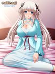  bed blue_eyes blush breasts cleavage huge_breasts jewelry kafu long_hair mabinogi nao_(mabinogi) ring silver_hair solo twintails 