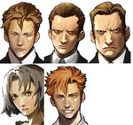  4boys baccano! berga_gandor black_hair brown_hair chane_laforet claire_stanfield enami_katsumi face formal keith_gandor lipstick looking_at_viewer luck_gandor makeup multiple_boys necktie orange_hair red_hair serious shirt short_hair simple_background smile yellow_eyes 