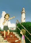  brown_hair dennou_coil lighthouse multiple_girls naotan overgrown pointing ruins shirt shoes skirt sneakers stairs t-shirt 