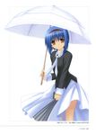  absurdres artist_request blue_hair book hairband highres little_busters! necktie nishizono_mio orange_eyes parasol scan short_hair simple_background solo umbrella 