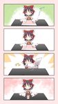  4koma blush_stickers bow brown_hair comic cup detached_sleeves disposable_cup eretto frilled_bow frills hair_bow hakurei_reimu necktie papercraft red_bow red_ribbon ribbon ribbon-trimmed_sleeves ribbon_trim short_hair silent_comic table touhou translation_request white_sleeves yellow_neckwear 