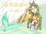  adjusting_goggles braid breasts chan_co cleavage collar goggles goggles_on_head green_eyes green_hair hits horns impossible_clothes impossible_shirt long_hair mermaid monster_girl original parted_lips pointy_ears shirt slit_pupils small_breasts solo twin_braids water 