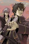  black_hair cigarette cloud gintama hijikata_toushirou japanese_clothes katana kimono male_focus multiple_boys nakabayashi_reimei sakata_gintoki smoke smoking sword uniform weapon white_hair 