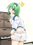  1girl bad_id bad_pixiv_id bloomers brown_eyes green_hair habara_meguru hair_ornament kochiya_sanae solo touhou underwear undressing white_bloomers 