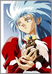  90s absurdres blue_hair cabbit highres incredibly_absurdres jewelry ryou-ouki ryouko_(tenchi_muyou!) single_earring spiked_hair tenchi_muyou! vector_trace yellow_eyes 