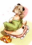  ^_^ animal_ears ass bare_shoulders barefoot bear_ears bottomless breasts brown_hair closed_eyes copyright_request ez6 glasses happy huge_breasts japanese_clothes plump sitting smile solo tail yokozuwari 