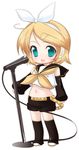  aqua_eyes blonde_hair chibi hair_ornament hairclip kagamine_rin microphone microphone_stand midriff short_hair shorts solo umehara_emika vocaloid 