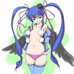  blue_eyes blue_hair fever-san flat_chest hair_ribbon hat long_hair oekaki open_clothes open_shirt original panties ribbon shirt solo striped striped_panties tengu thighhighs topless twintails uju underwear wings 