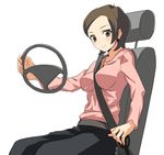  between_breasts breasts brown_eyes brown_hair copyright_request date_(senpen) driving seatbelt short_hair sitting solo steering_wheel strap_cleavage 