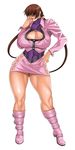  abs boots breasts brown_hair cleavage cleavage_cutout curvy double_h earrings hair_over_eyes hand_on_hip highres huge_breasts jewelry knee_boots lipstick long_hair makeup miniskirt muscle muscular_female pencil_skirt pink_footwear ponytail shermie skirt snk the_king_of_fighters thick_thighs thighs twintails 
