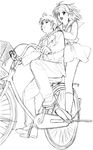  1girl :d artist_request badge bicycle bicycle_basket blazer cruiser_bicycle greyscale ground_vehicle hair_ribbon jacket kita_high_school_uniform kneehighs kyon loafers long_sleeves looking_afar monochrome multiple_riders open_mouth pants pillion pleated_skirt ribbon riding school_uniform serafuku shoes short_hair skirt smile suzumiya_haruhi suzumiya_haruhi_no_yuuutsu 