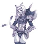  animal_ears armor axe branch_(blackrabbits) cat_ears cat_tail final_fantasy final_fantasy_xi hairband mithra monochrome panties short_hair sketch solo tail thighhighs underwear warrior_(final_fantasy) weapon 