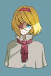  alice_margatroid blonde_hair blue_background blue_eyes eyepatch hair_intakes looking_at_viewer mugishima_orie necktie red_neckwear shaded_face short_hair simple_background solo touhou upper_body 