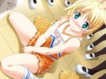  androgynous aqua_eyes blonde_hair blush braid cheerleader chris_northfield covering covering_crotch dutch_angle embarrassed flat_chest frown game_cg kneehighs mary_janes on_floor orange_skirt pleated_skirt pom_poms princess_waltz reverse_trap shoes short_hair side_braid sitting skirt socks solo spread_legs takeya_masami tank_top thighs uwabaki 