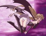  ass bat_wings boots brown_hair detached_sleeves elbow_gloves fangs flying gloves long_hair moon night pachira panties pointy_ears red_eyes red_moon renkin_san-kyuu_magical_pokaan solo thigh_boots thighhighs tofu_(tf07px) twintails underwear vampire wings 