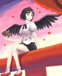  autumn bangs black_hair black_wings book hat leaf looking_away pepkeke_(almond) red_eyes shameimaru_aya short_hair sitting smile socks solo torii touhou wings 