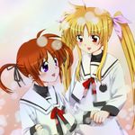  blonde_hair fate_testarossa hachi_(hachikai) lyrical_nanoha mahou_shoujo_lyrical_nanoha mahou_shoujo_lyrical_nanoha_a's multiple_girls purple_eyes red_eyes red_hair school_uniform seishou_elementary_school_uniform takamachi_nanoha twintails 