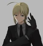  adjusting_clothes ahoge artist_request artoria_pendragon_(all) black_gloves blonde_hair fate/zero fate_(series) formal frown gloves green_eyes necktie reverse_trap saber short_hair simple_background solo suit 