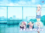  backpack bag bench blonde_hair blue_eyes blush bow bowtie cat_sidhe_nekoko city haimura_kiyotaka hairband hat kirimiya_mizuki leg_hug long_hair multiple_girls pink_eyes purple_eyes purple_hair rooftop school_uniform shiraki_aeka shoes short_hair sitting skirt sweater sweater_vest turtleneck wallpaper white_hair yume_miru_kusuri 