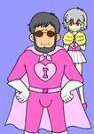  animated animated_gif arms_up blush bodysuit bulge cape crotch_grab fabulous genderswap genderswap_(mtf) glasses hand_up heart ikari_gendou kanji leg_up lowres multiple_boys nagisa_kaworu neon_genesis_evangelion pink_bodysuit pom_poms punching skirt superhero v what 