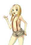  blonde_hair blue_eyes flat_chest houru naked_suspenders original revealing_clothes shorts simple_background solo suspenders topless 