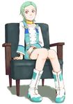  aqua_hair boots chair choker eureka eureka_seven eureka_seven_(series) full_body hair_ornament hairclip knees_together_feet_apart naotan short_hair sitting smile solo white_footwear 