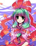  autumn bad_id bad_pixiv_id front_ponytail green_eyes green_hair hair_ribbon kagiyama_hina kobanzame leaf long_hair ribbon solo touhou 