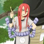  blush flute grey_eyes instrument long_hair naotan naruto naruto_(series) red_hair solo sweatdrop tayuya yin_yang 