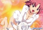  :d breasts cat chip_(rio) cleavage dress_shirt koutaro large_breasts leaning_forward non-web_source open_mouth red_hair rio_rollins shirt smile super_blackjack surprised 
