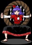  breasts brown_eyes commentary_request hair_ornament huge_breasts leaf_hair_ornament outstretched_arms poinikusu purple_hair rope shide shimenawa short_hair solo spread_arms touhou yasaka_kanako 