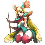  blonde_hair blue_eyes elbow_gloves gloves kneeling long_hair pupps red_legwear riesz rune_maiden seiken_densetsu seiken_densetsu_3 solo thighhighs 