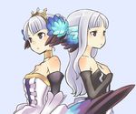  bare_shoulders chan_co choker crown detached_sleeves dress elbow_gloves feathers gloves gwendolyn hair_down hat head_wings long_hair odin_sphere purple_eyes strapless strapless_dress upper_body white_hair wings 