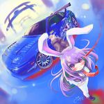  animal_ears arms_behind_back bunny_ears car ground_vehicle long_hair motor_vehicle necktie oogami_dai purple_hair red_eyes red_neckwear reisen_udongein_inaba skirt solo thighhighs torii touhou 