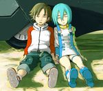  1girl aqua_hair boots choker closed_eyes eureka eureka_seven eureka_seven_(series) holding_hands naotan raglan_sleeves renton_thurston short_hair sleeping thigh_strap white_footwear 