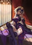  1girl arm_support armor blonde_hair breasts brown_hair chains cleavage elbow_gloves fate/grand_order fate_(series) fur-trimmed_gloves fur_trim gloves highres jeanne_d&#039;arc_(alter)_(fate) jeanne_d&#039;arc_(fate)_(all) legs_crossed long_hair mao_mao_wansui medium_breasts mouth_hold navel navel_cutout petals rose_petals shadow smile solo thighhighs thighs yellow_eyes 