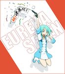  aqua_hair boots choker eureka eureka_seven eureka_seven_(series) gun happy jumping naotan one_eye_closed purple_eyes short_hair solo translation_request weapon white_footwear 