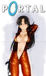  biker_clothes bikesuit bodysuit breasts brown_hair center_opening chell full-length_zipper large_breasts nipple_slip nipples portal portal_(series) solo third-party_edit tsuina unzipped zipper 