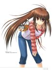  absurdres baseball_mitt bell brown_hair cat denim highres jeans little_busters! long_hair na-ga natsume_rin pants ponytail red_eyes scan simple_background solo 