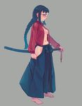  barefoot black_hair blue_hakama braid breasts full_body glasses gym_uniform hakama jacket japanese_clothes katana long_hair medium_breasts no_bra no_panties open_clothes open_shirt original scabbard sheath sheathed shirt simple_background solo standing sword track_jacket weapon weno 