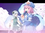  bad_id bad_pixiv_id cherry_blossoms closed_fan covering_mouth fan folding_fan ghost hairband hat japanese_clothes katana kimono konpaku_youmu konpaku_youmu_(ghost) masuneko multiple_girls pink_eyes pink_hair ribbon saigyouji_yuyuko short_hair silver_hair sword touhou weapon 