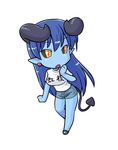  astaroth_(shinrabanshou) black_sclera blue_hair blue_skin casual chibi demon_tail earrings heart heart_earrings hinemosu_notari horns jewelry long_hair pointy_ears shinrabanshou shirt solo t-shirt tail translated yellow_eyes 