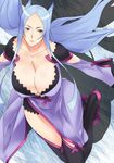  black_legwear blue_hair breasts cleavage collarbone dragonaut huge_breasts long_hair machina mizuki_makoto parted_lips solo thighhighs 