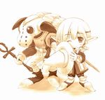  artist_request black_mage blush_stickers boots final_fantasy final_fantasy_xi gloves goblin goblin_(final_fantasy) hat mask monochrome one_eye_closed orange_(color) pointy_ears robe rod sepia simple_background tarutaru white_background witch_hat 