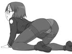  ass black_legwear crotch_seam fujieda_nanae glasses greyscale monochrome no_pants panties panties_under_pantyhose pantyhose shichimenchou sky_girls solo thighband_pantyhose underwear 