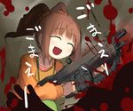  :d artist_request blood brown_hair chainsaw closed_eyes death gears_of_war gun happy idolmaster idolmaster_(classic) idolmaster_1 lancer_(weapon) lowres murder open_mouth parody raglan_sleeves smile takatsuki_yayoi twintails weapon 