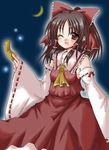 ;d ascot brown_eyes brown_hair collar detached_sleeves frills hair_tubes hakurei_reimu holding long_sleeves looking_at_viewer one_eye_closed open_mouth purgatorial_red sidelocks smile solo touhou wide_sleeves 