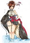  alternate_costume breasts flower geisha hadanugi_dousa japanese_clothes kazama_asuka kimono large_breasts non-web_source red_hair ribbon sarashi solo sword tekken water weapon wet 