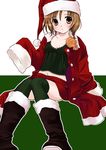  brown_hair christmas copyright_request flower sakuragi_akira santa_costume short_hair solo thighhighs 
