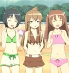  ahoge beach bikini black_hair brown_eyes brown_hair closed_eyes day flat_chest hair_bobbles hair_ornament happy long_hair minami-ke minami_chiaki multiple_girls navel outdoors screencap short_hair stitched swimsuit tankini third-party_edit twintails two_side_up uchida_yuka umbrella yoshino_(minami-ke) 